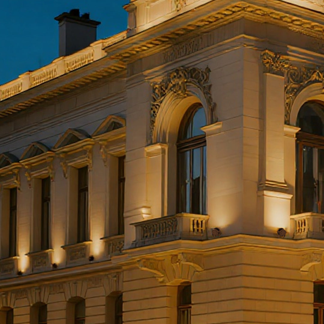 Classical outdoor lighting LED spotlights providing elegant illumination for historic building columns