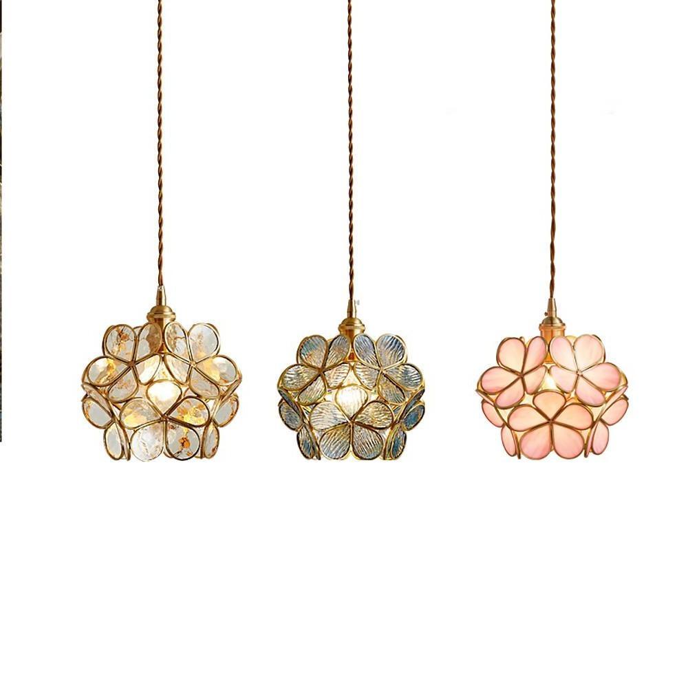 Flower Patterned Modern Glass Copper Pendant Light Kitchen Hanging Pendant Lights - Lamp Outdoor