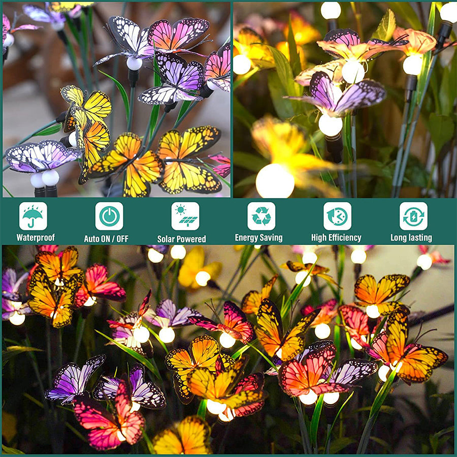 Colorful butterfly garden lights with feature icons displaying various lighting modes and settings