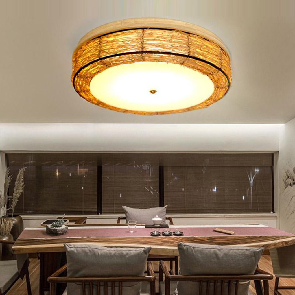 Compact Flush Mount Lighting Covered In Burly wood Wicker - Lamp Outdoor