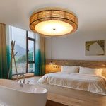 Compact Flush Mount Lighting Covered In Burly wood Wicker - Lamp Outdoor