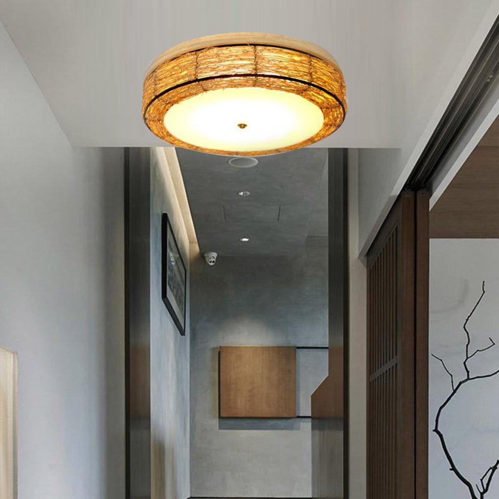 Compact Flush Mount Lighting Covered In Burly wood Wicker - Lamp Outdoor