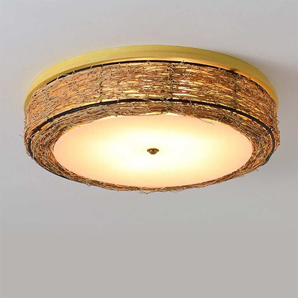 Compact Flush Mount Lighting Covered In Burly wood Wicker - Lamp Outdoor