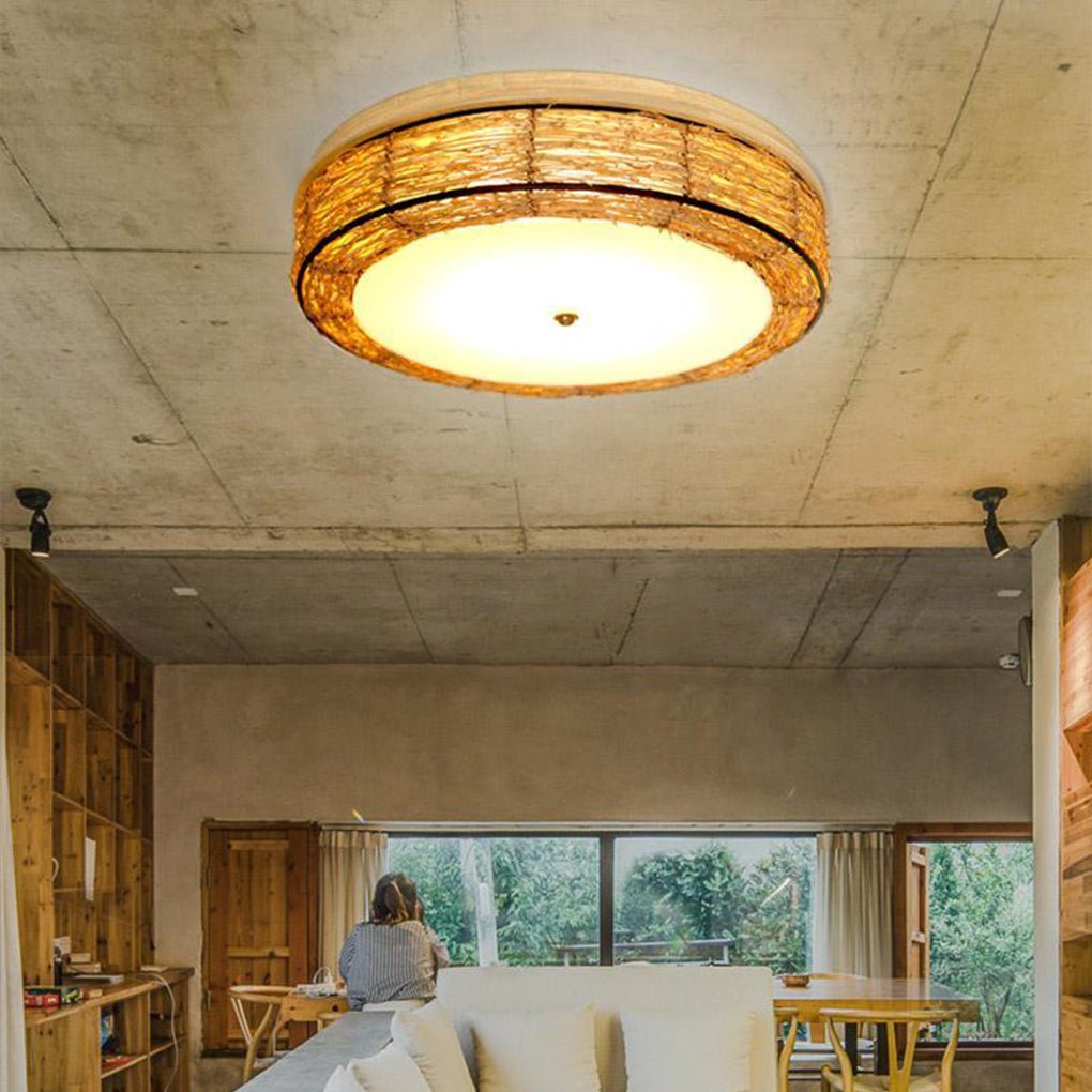 Compact Flush Mount Lighting Covered In Burly wood Wicker - Lamp Outdoor