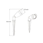 Technical drawing with measurements and specifications for compact LED spotlight with ground stake installation