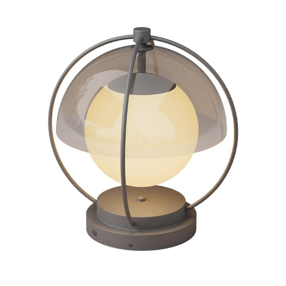 Contemporary globe light fixture with clear glass sphere and black metal ring frame