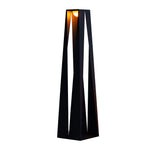 Contemporary black lantern featuring sharp geometric lines and vertical LED illumination