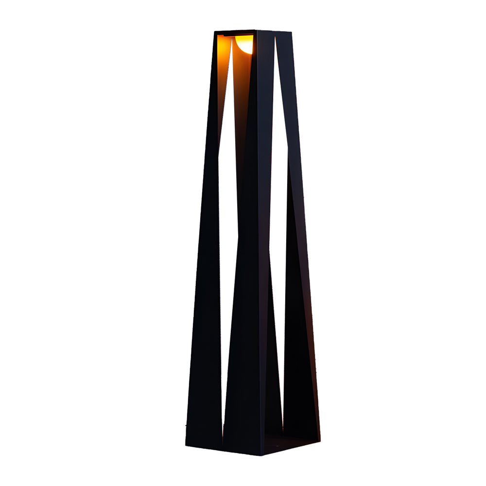 Contemporary black lantern featuring sharp geometric lines and vertical LED illumination