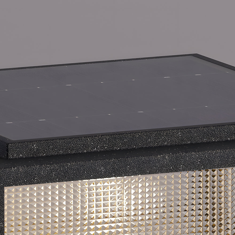 Corner view showing construction details of black frame and mesh panel assembly on LED fixture