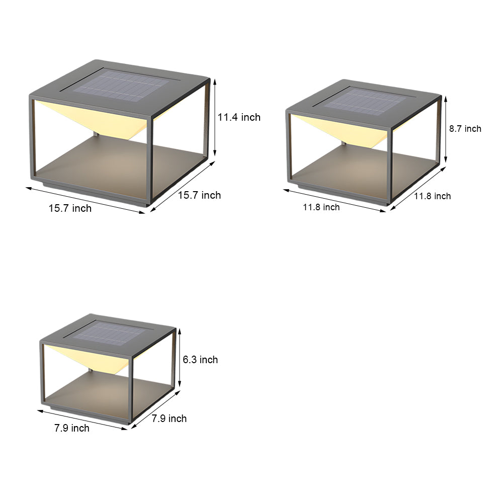 Technical dimensional drawings showing three different sizes of cubic light fixture specifications