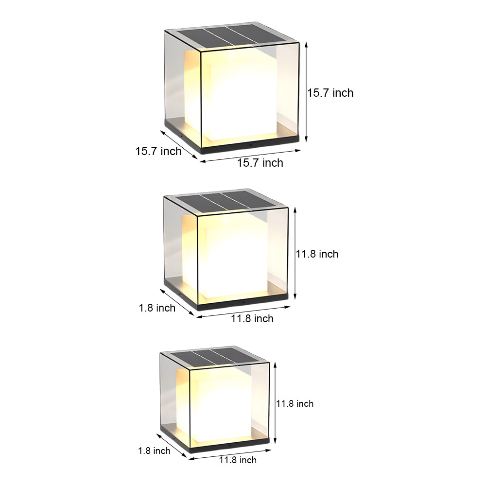 Technical specification chart displaying three different cube light sizes with measurements