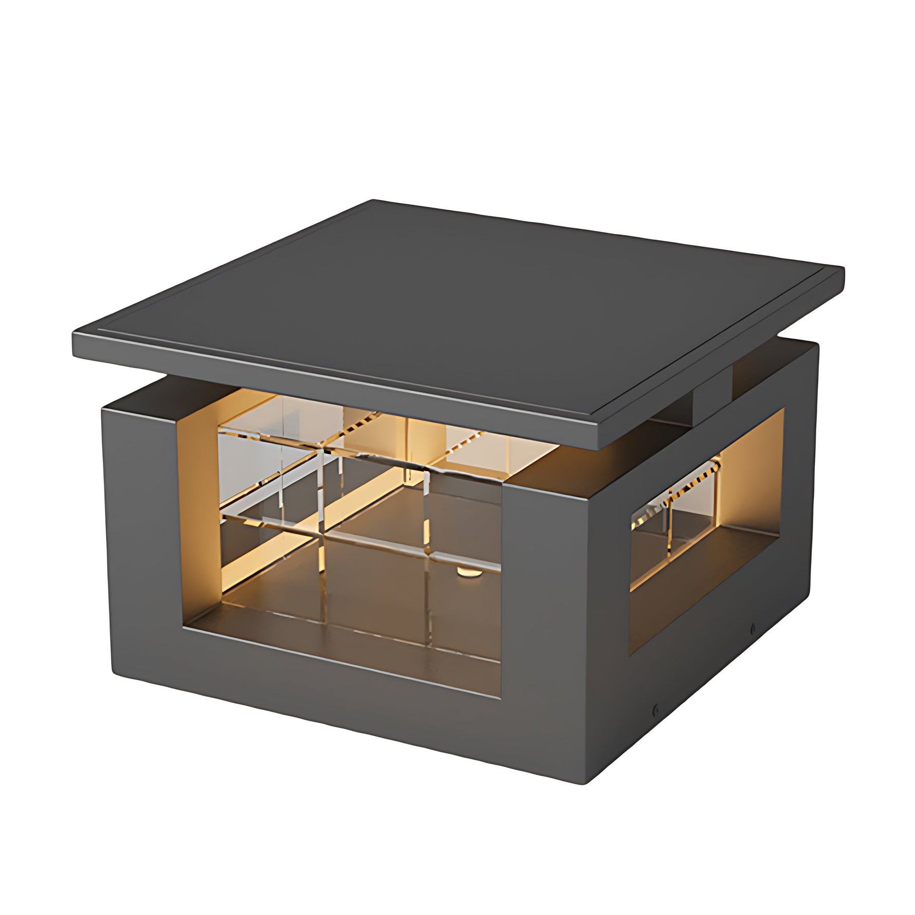 Cubic outdoor light fixture with perforated metal design and warm LED glow for modern landscape lighting applications