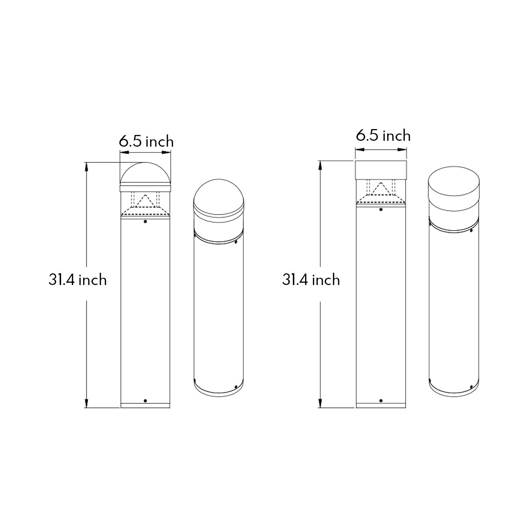 Technical blueprint with detailed measurements for cylindrical bollard with horizontal light strip