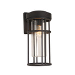 Black cylindrical wall sconce with clear glass panels and metal cage framework design