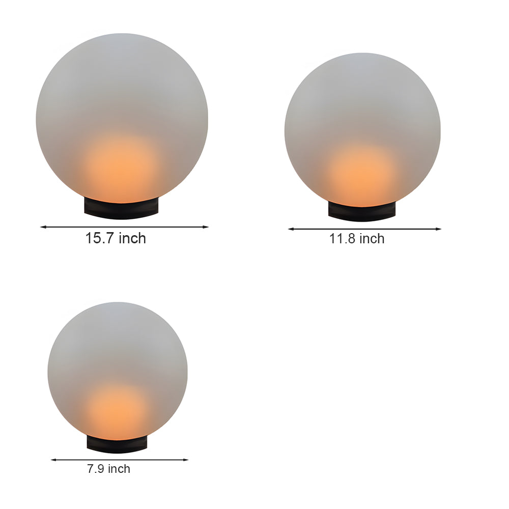 Size comparison chart showing three different diameter options for LED sphere light fixtures