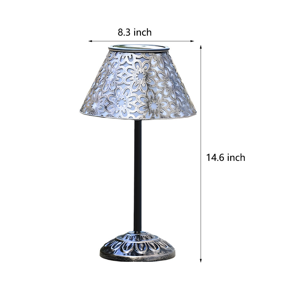 Technical specification diagram showing precise height and shade dimensions for solar table lamp model