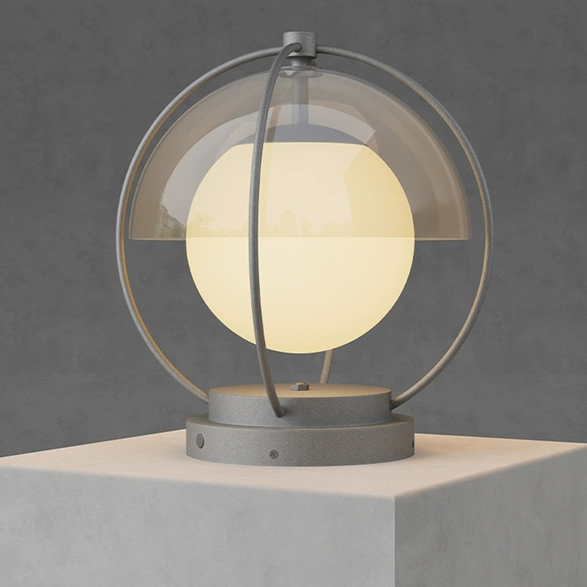 Elegant orb light creating ambient illumination on modern concrete pedestal or surface