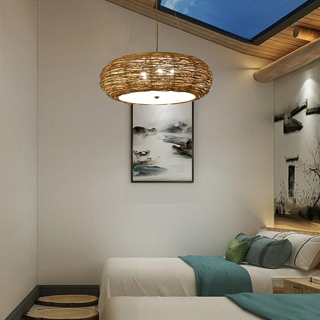 Flat Peach Shaped Wicker Pendant Light Farmhouse Burlywood Ceiling Light - Lamp Outdoor