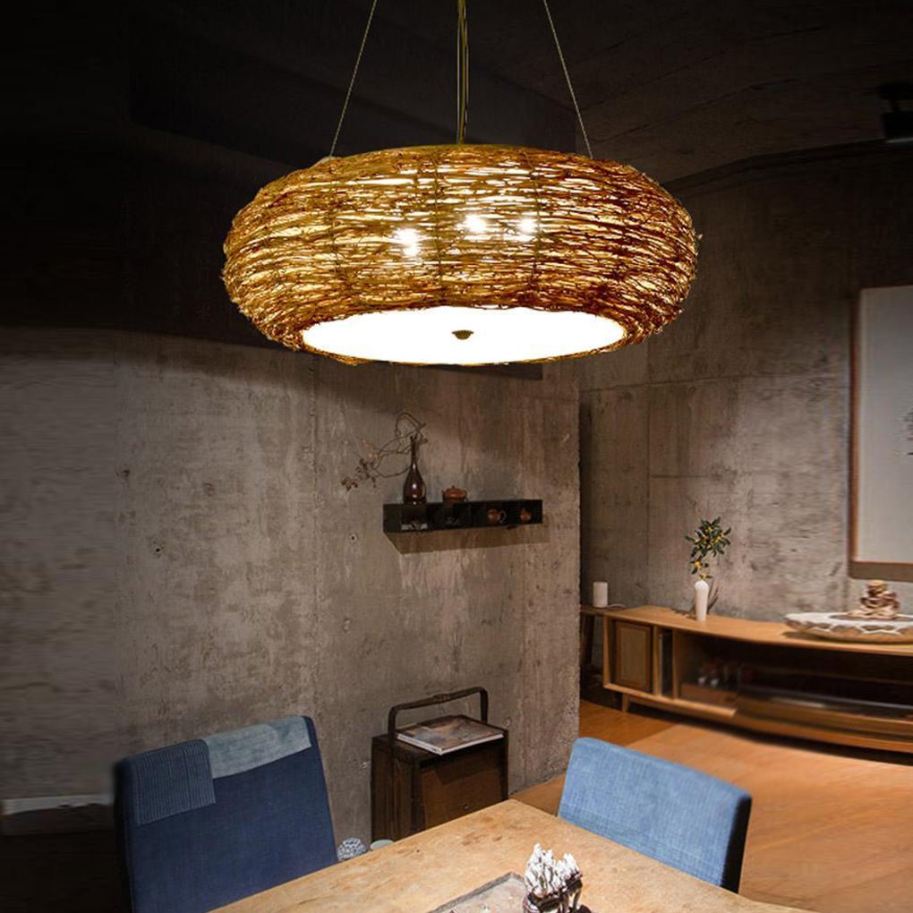 Flat Peach Shaped Wicker Pendant Light Farmhouse Burlywood Ceiling Light - Lamp Outdoor