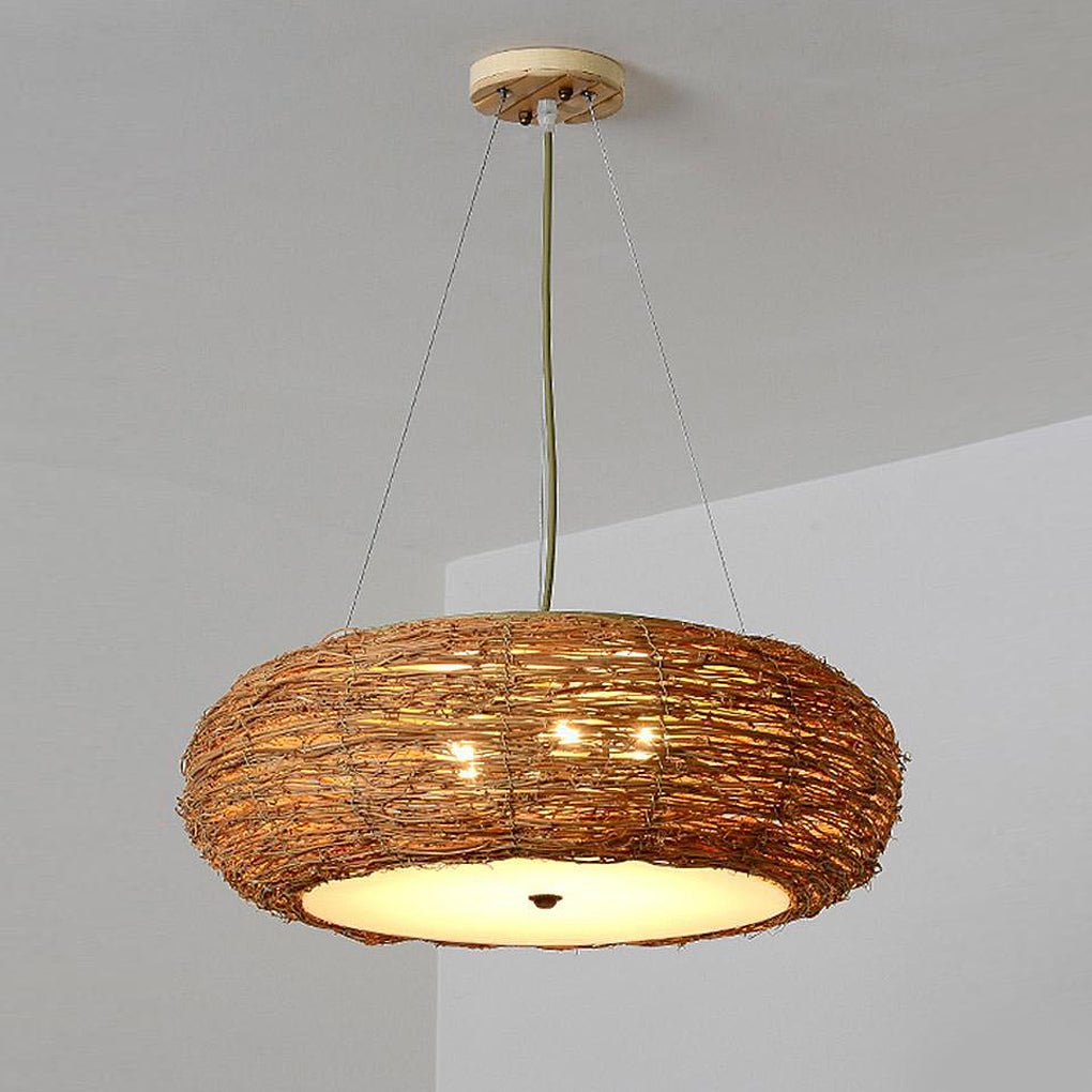 Flat Peach Shaped Wicker Pendant Light Farmhouse Burlywood Ceiling Light - Lamp Outdoor