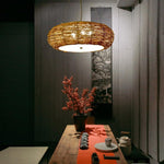 Flat Peach Shaped Wicker Pendant Light Farmhouse Burlywood Ceiling Light - Lamp Outdoor