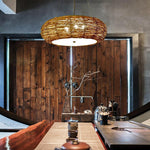 Flat Peach Shaped Wicker Pendant Light Farmhouse Burlywood Ceiling Light - Lamp Outdoor