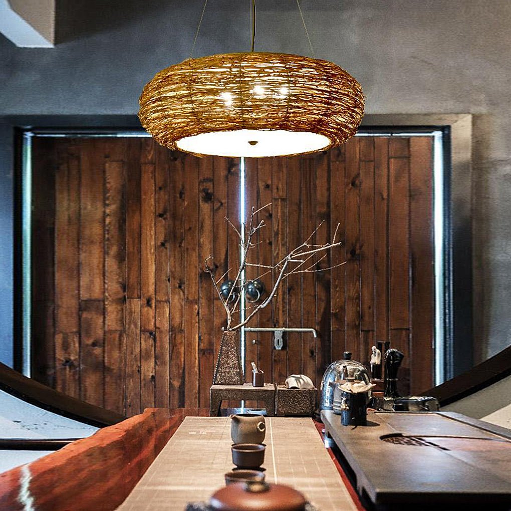 Flat Peach Shaped Wicker Pendant Light Farmhouse Burlywood Ceiling Light - Lamp Outdoor