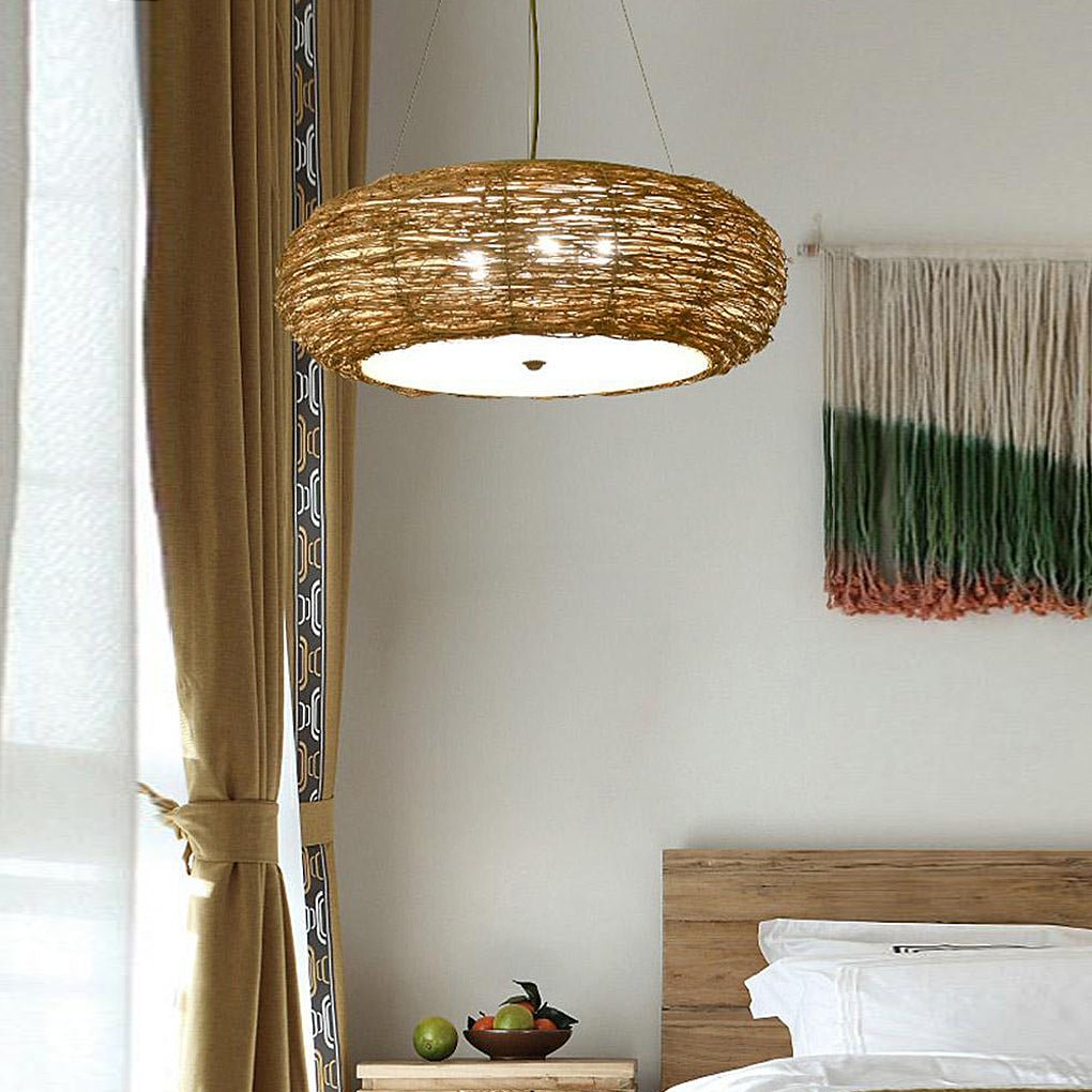 Flat Peach Shaped Wicker Pendant Light Farmhouse Burlywood Ceiling Light - Lamp Outdoor