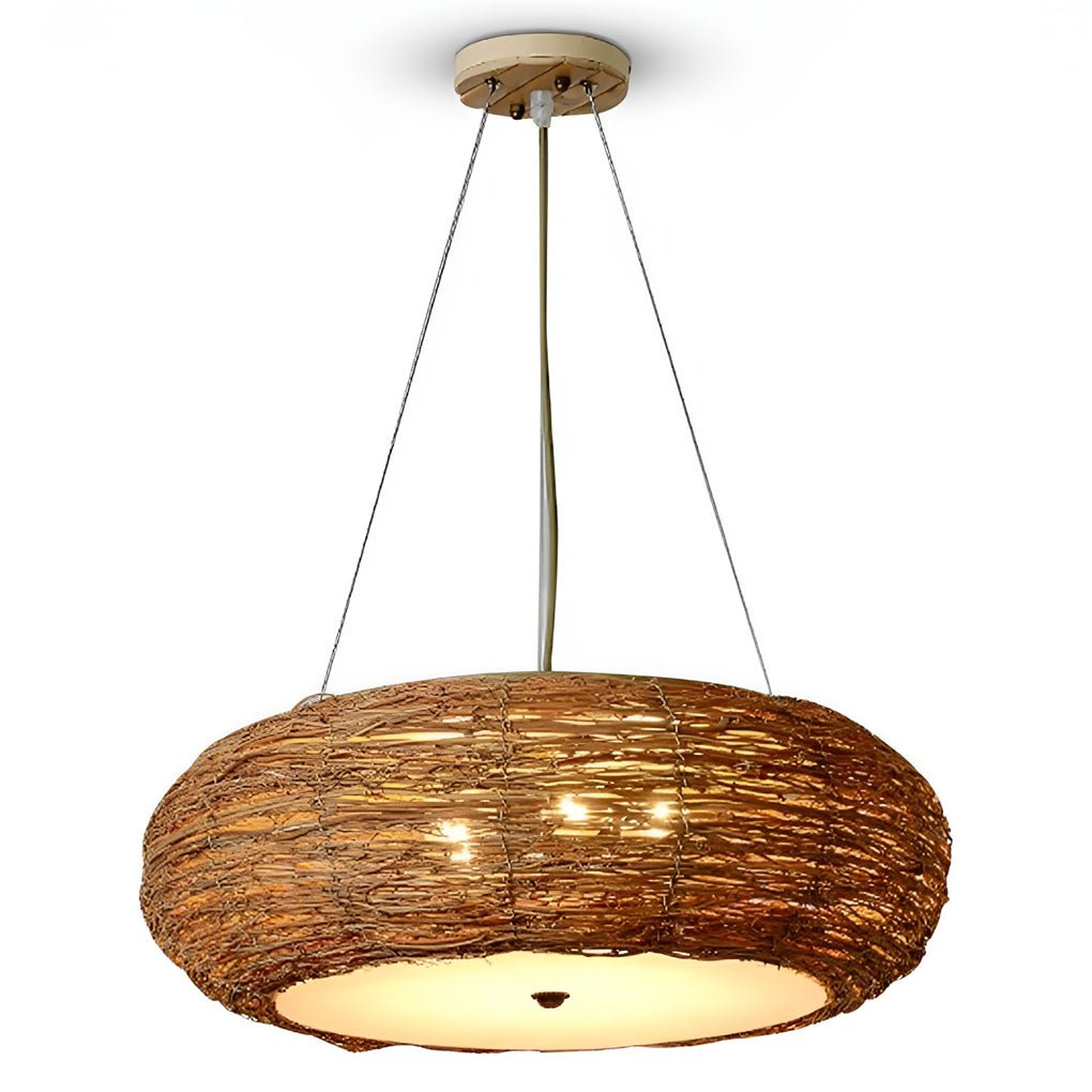 Flat Peach Shaped Wicker Pendant Light Farmhouse Burlywood Ceiling Light - Lamp Outdoor