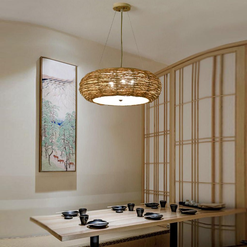 Flat Peach Shaped Wicker Pendant Light Farmhouse Burlywood Ceiling Light - Lamp Outdoor