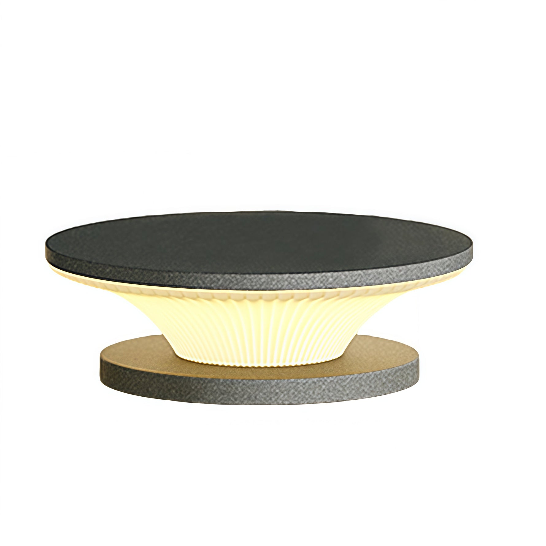 Minimalist floating disc lights in various sizes with clean black and cream color palette for modern interiors