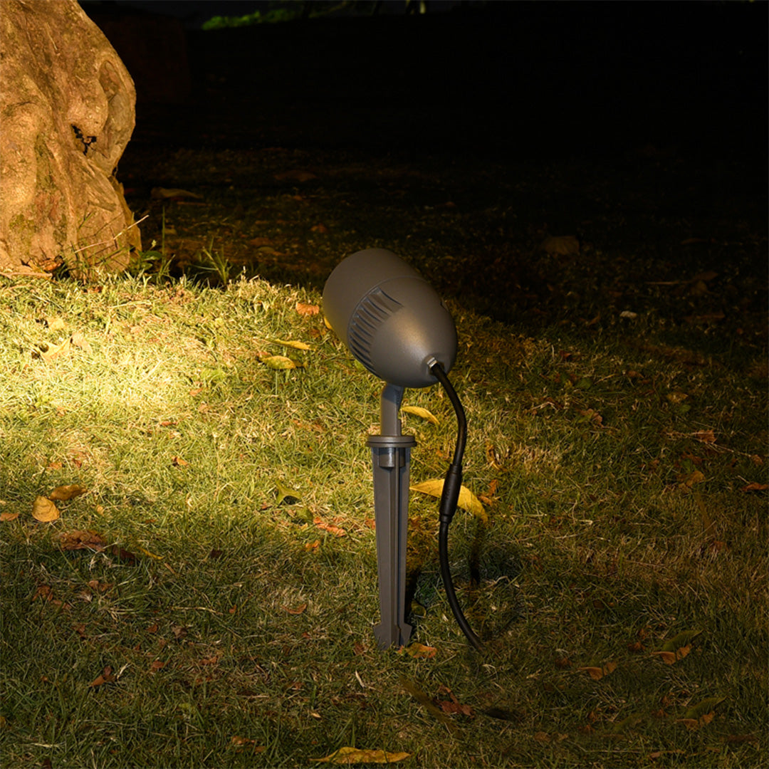 Garden spotlight illuminating tree trunk and foliage with warm accent lighting at night