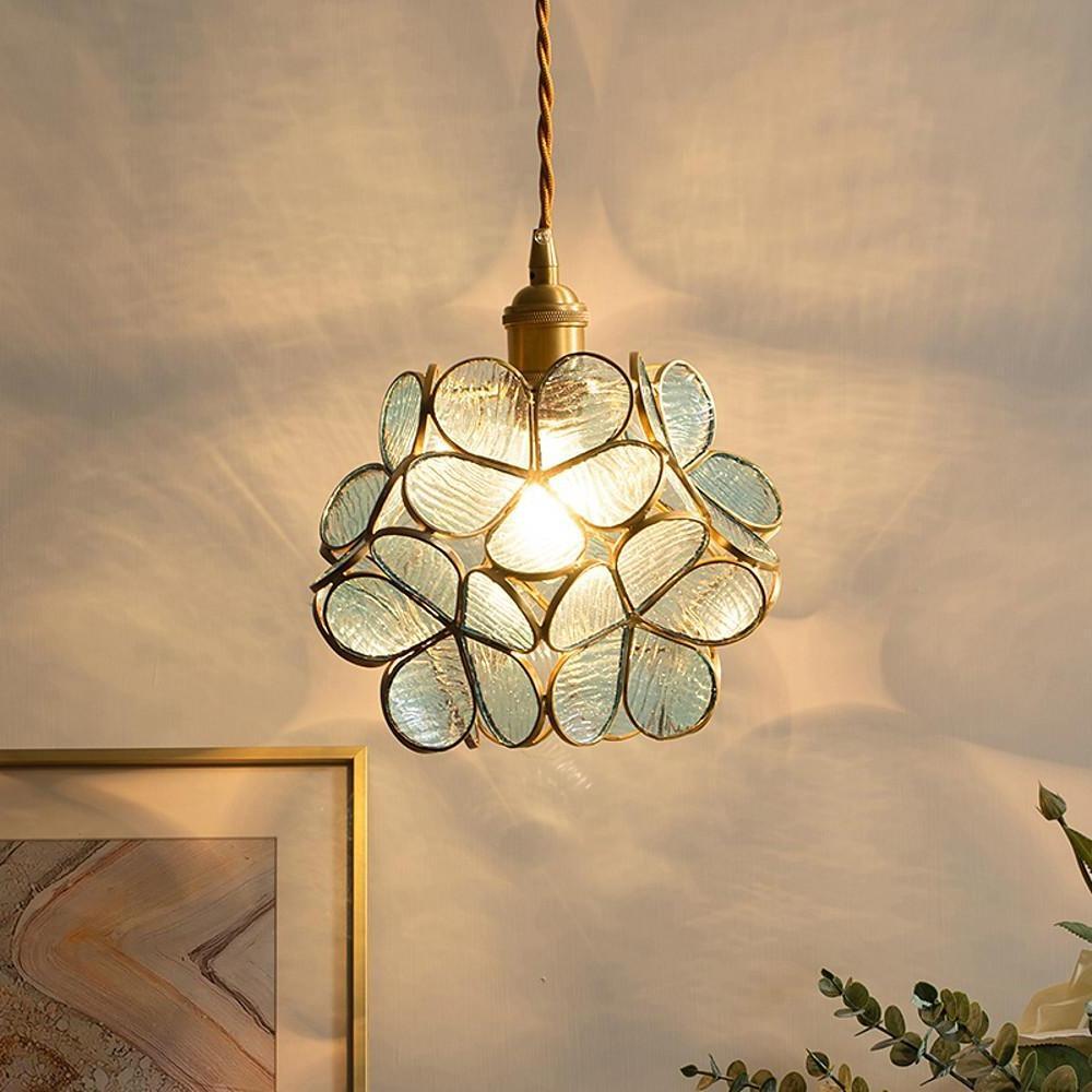 Flower Patterned Modern Glass Copper Pendant Light Kitchen Hanging Pendant Lights - Lamp Outdoor