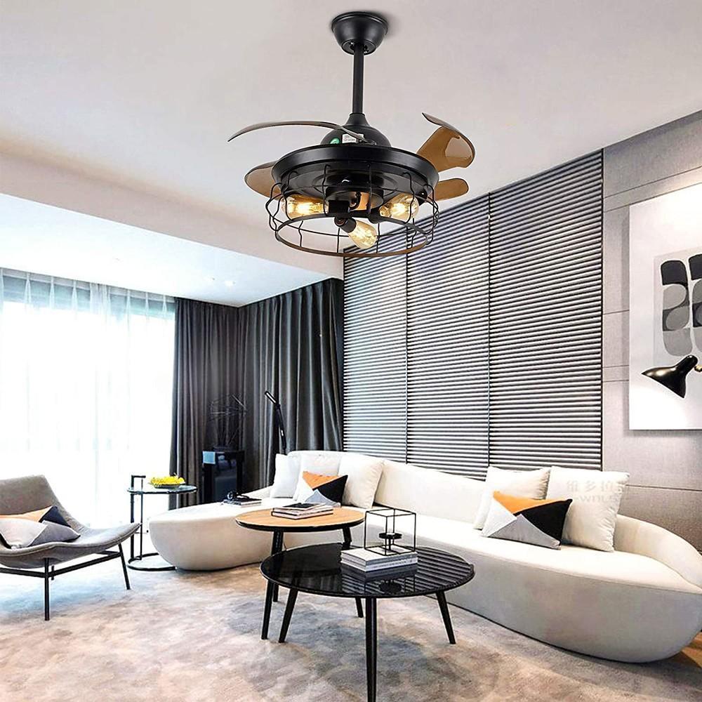 3 Bladed Farmhouse Retractable Ceiling Fan with Light - Lamp Outdoor