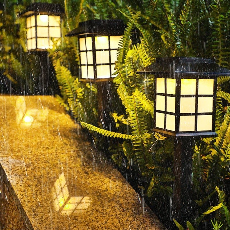 Square Pavilion - shaped Solar Outdoor Lights Black LED Garden Stakes Post Lighting