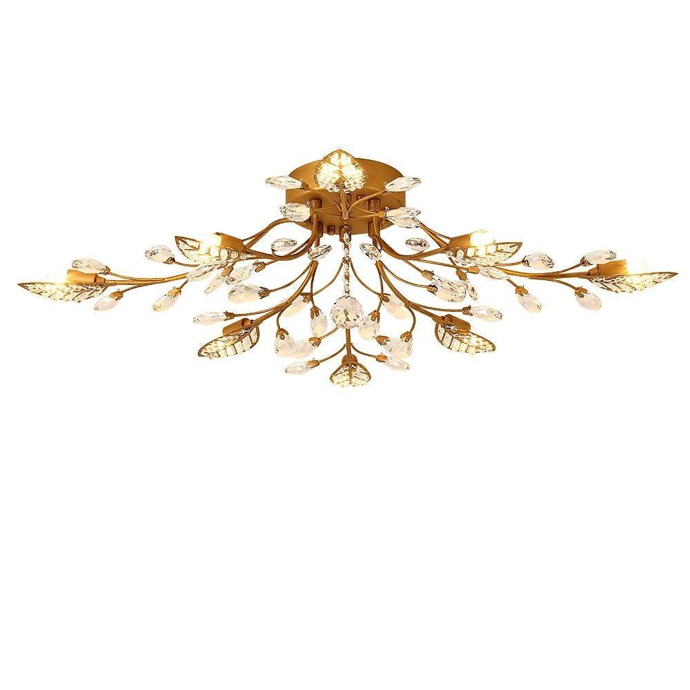 Vintage Crystal Branches Leaf Semi-Flush Mount Chandelier | 8-Light LED, 31.19'' Wide, Antique Brass - Lamp Outdoor
