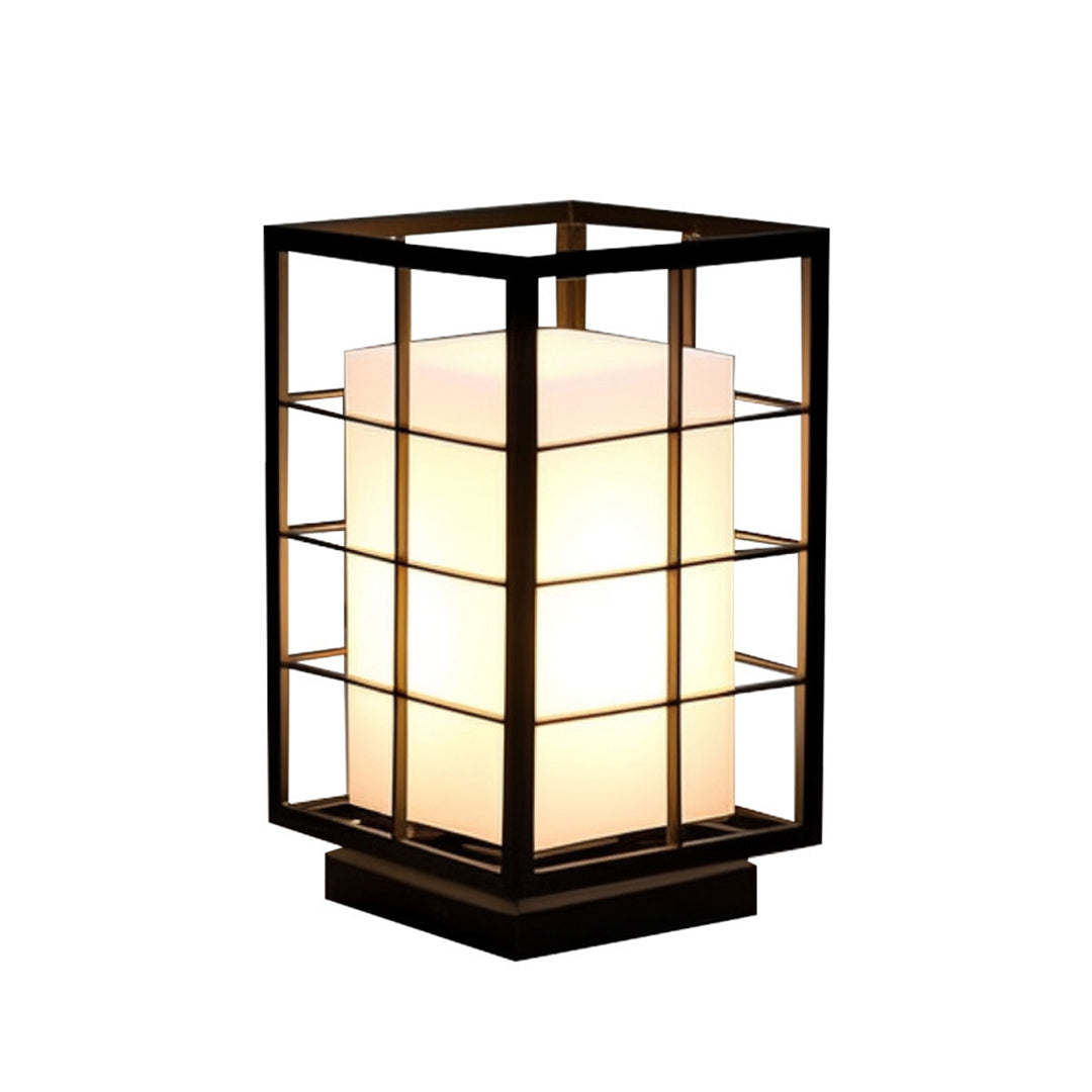Collection of Japanese-style lantern lights with black frames and warm white panels displayed in various outdoor settings