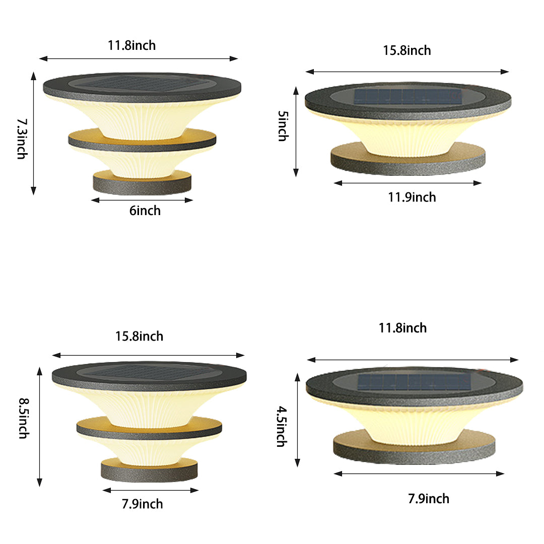 Technical specification diagram showing four different sizes of layered outdoor light fixtures with dimensions