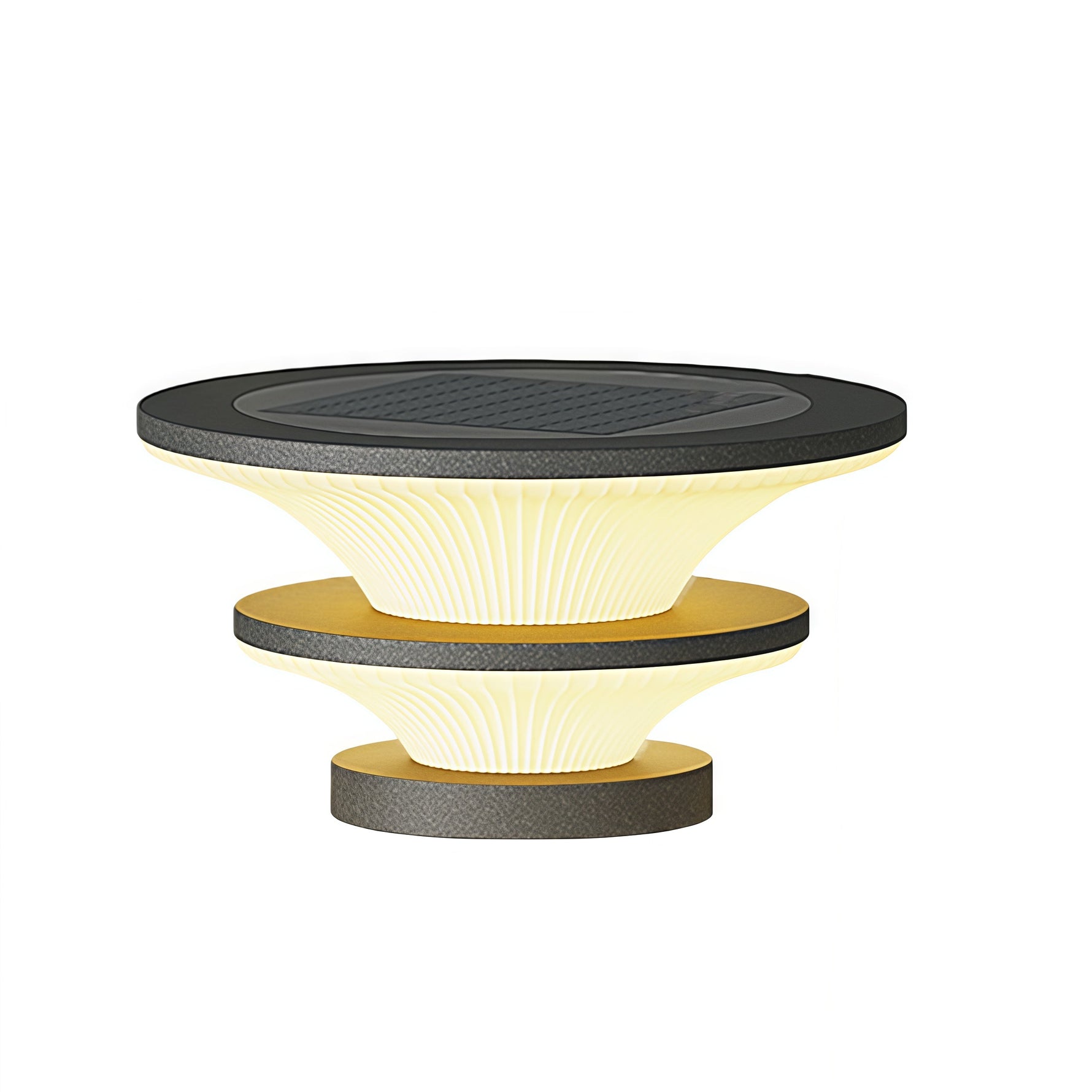 Layered post cap light with bronze and black finish displayed on neutral studio background
