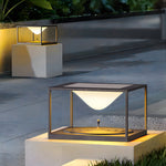 Stylish LED accent lights installed on modern concrete pillars illuminating outdoor pathway at dusk