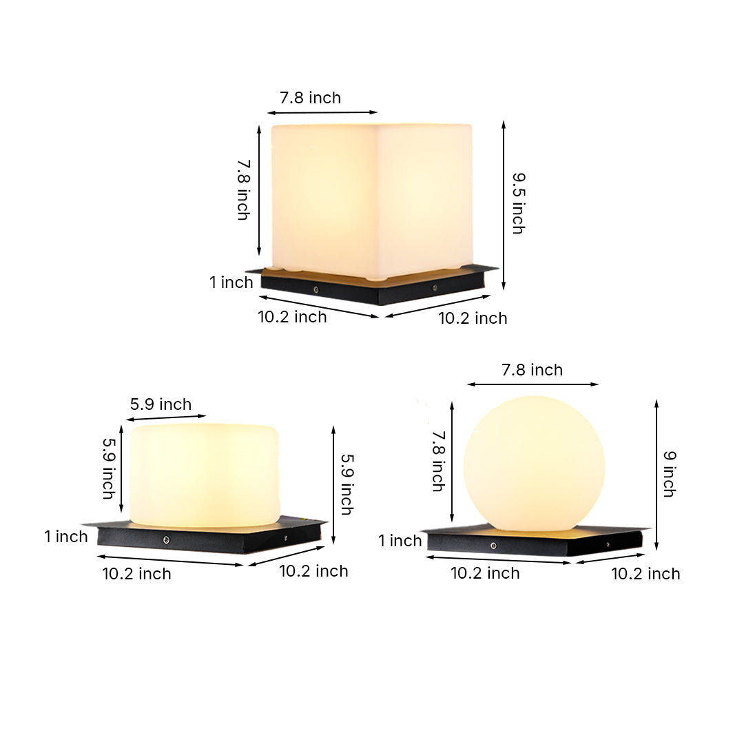 Technical specification chart showing dimensions for three different sizes of LED cube light fixtures