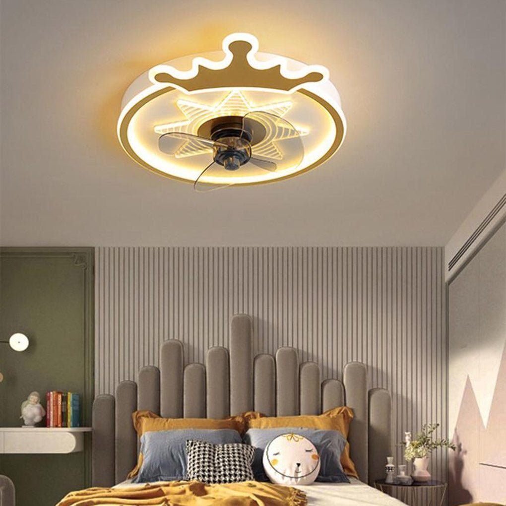 Olive Round Crown Shaped Metal Flush Mount Ceiling Fans - Lamp Outdoor