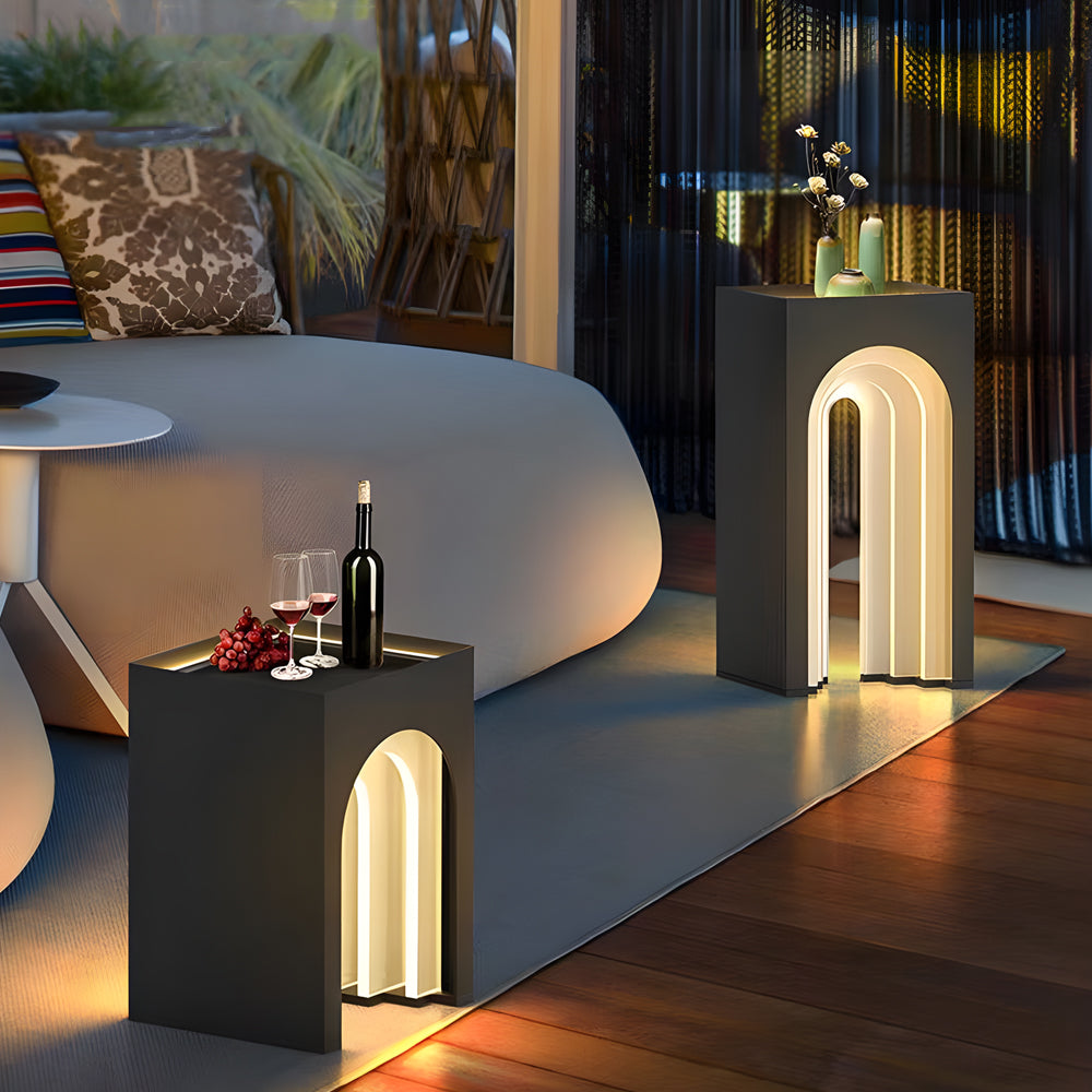Arch lamps providing ambient light in spa bathroom