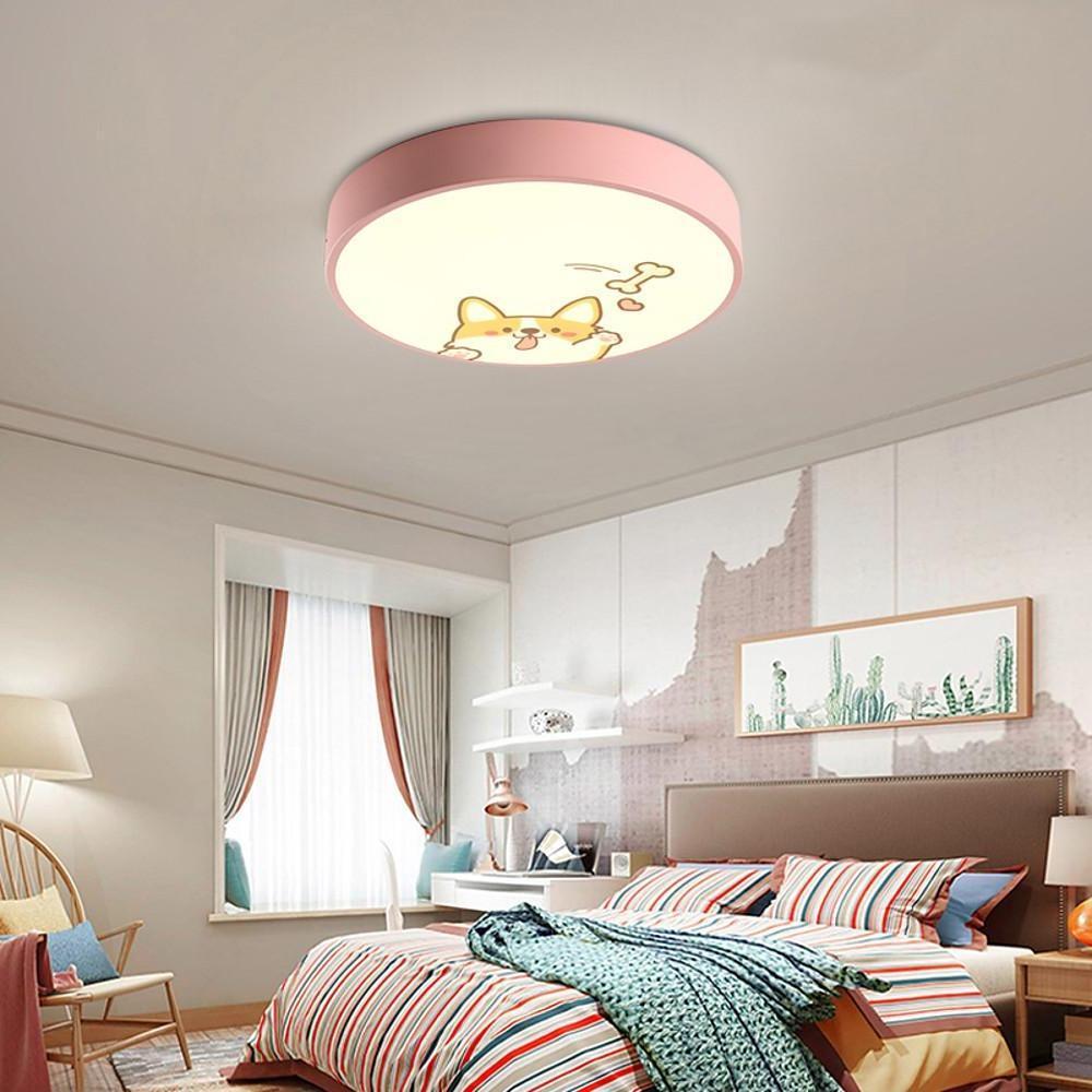 Circular Dog Image Flush Mount Drum Light LED Metal Bedroom Ceiling Light for Baby Kids - Lamp Outdoor