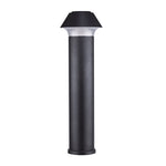 Modern black bollard light featuring distinctive pagoda-style cap with cylindrical post design