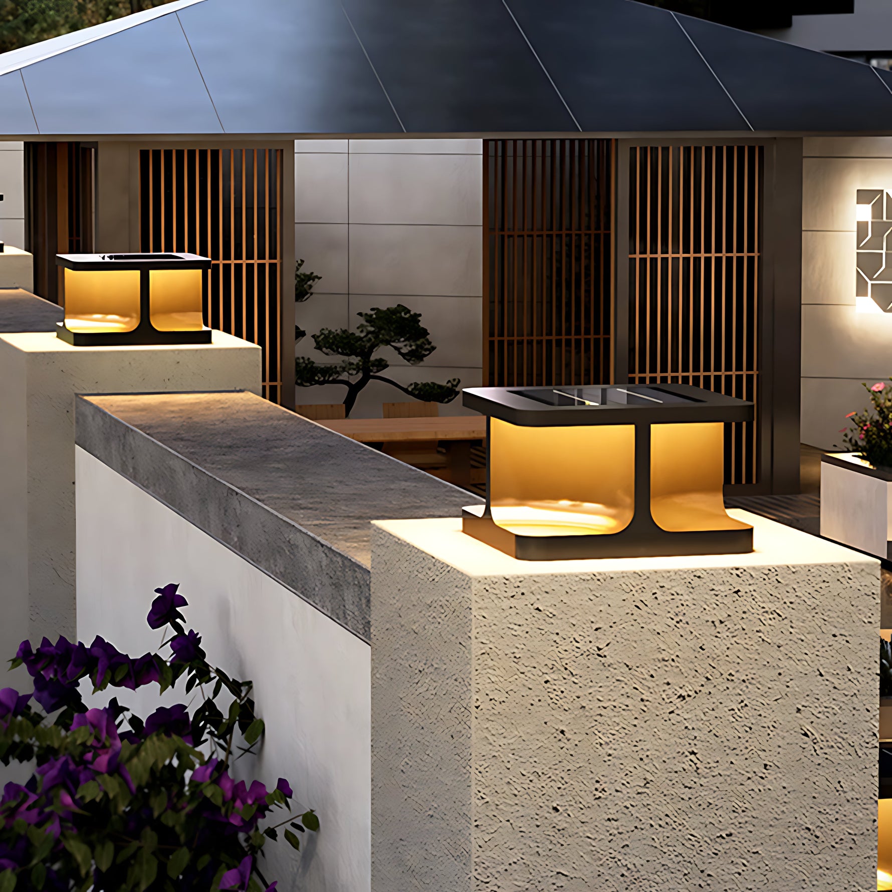 Contemporary cubic lighting fixtures integrated into modern architectural wall design for dramatic effect
