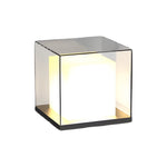Modern solar cube post cap light with frosted glass panels and sleek metal frame