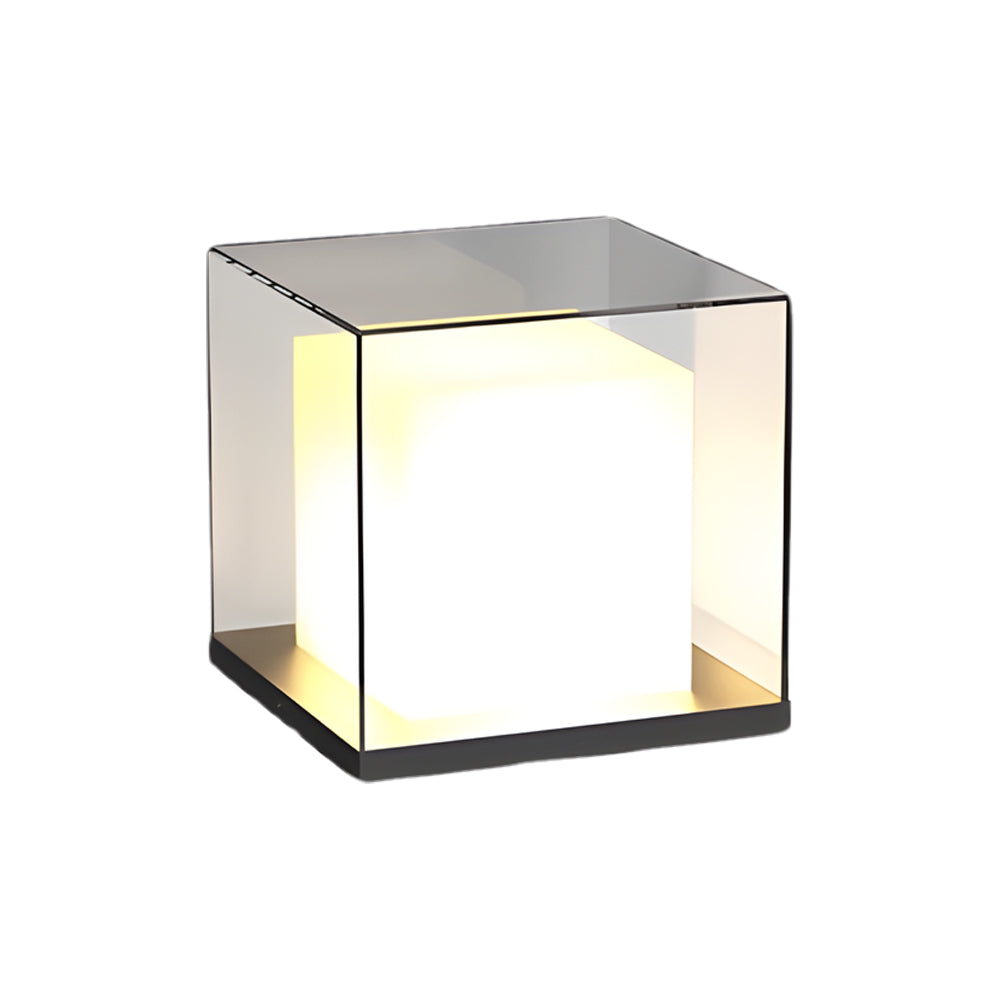 Modern solar cube post cap light with frosted glass panels and sleek metal frame