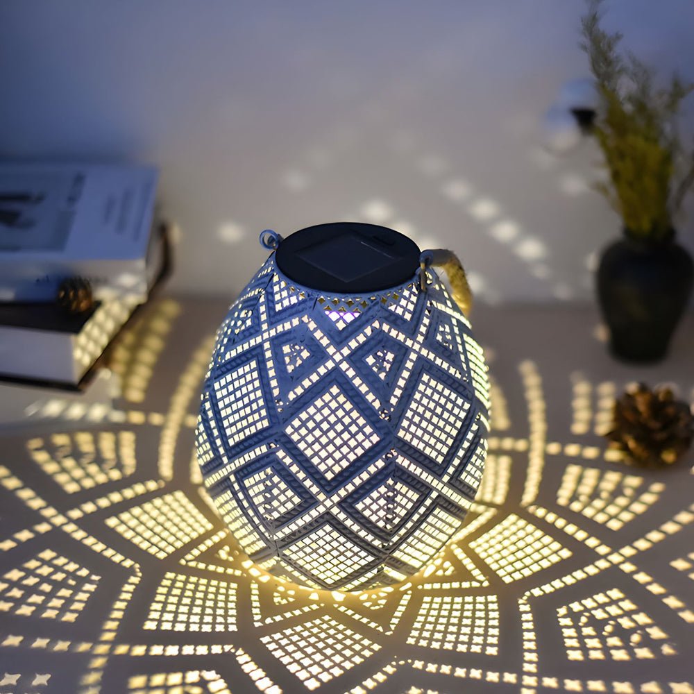Moroccan Portable & Hanging White Solar LED Outdoor Patterned Lantern - Lamp Outdoor