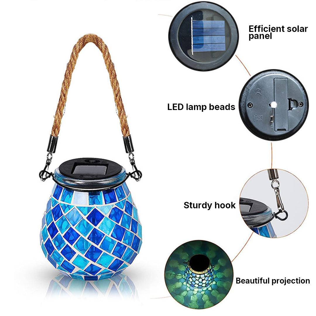 Technical size specifications showing dimensions for different mosaic solar lantern models